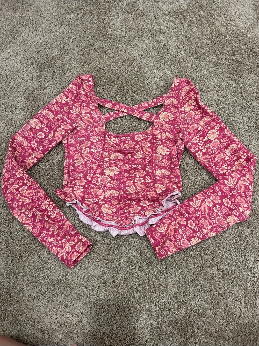 Free People Pink Floral Ruffled Long-Sleeve Crop Top